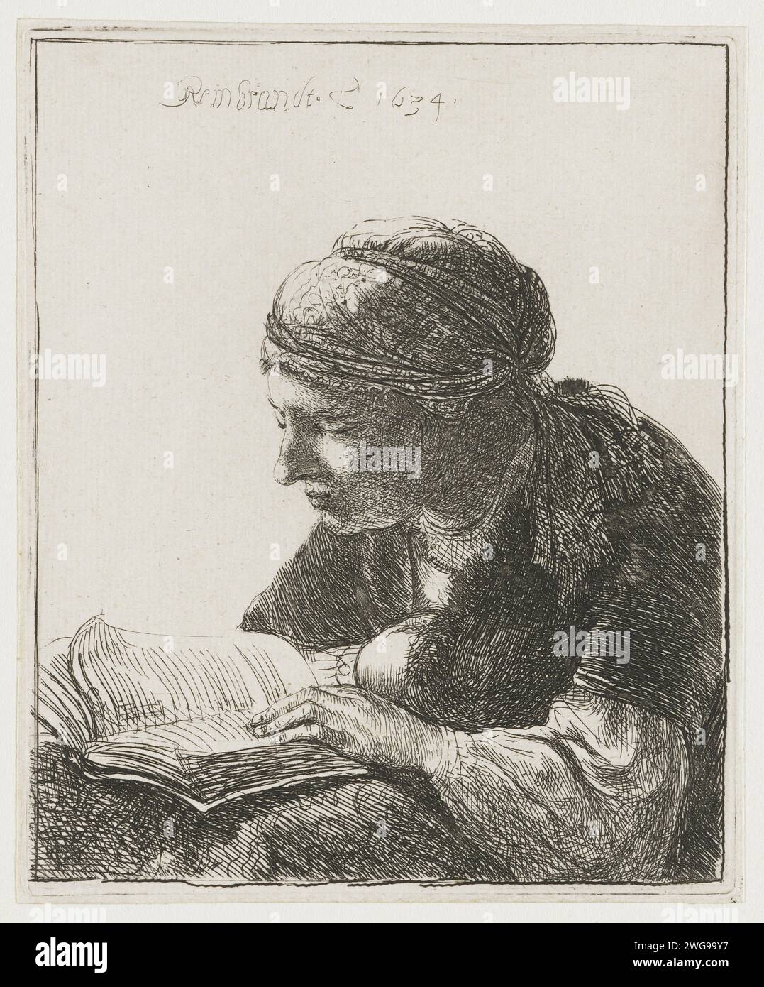 Frau, die liest, Rembrandt van Rijn, Druckpapier-Ätzung 1634 Stockfoto