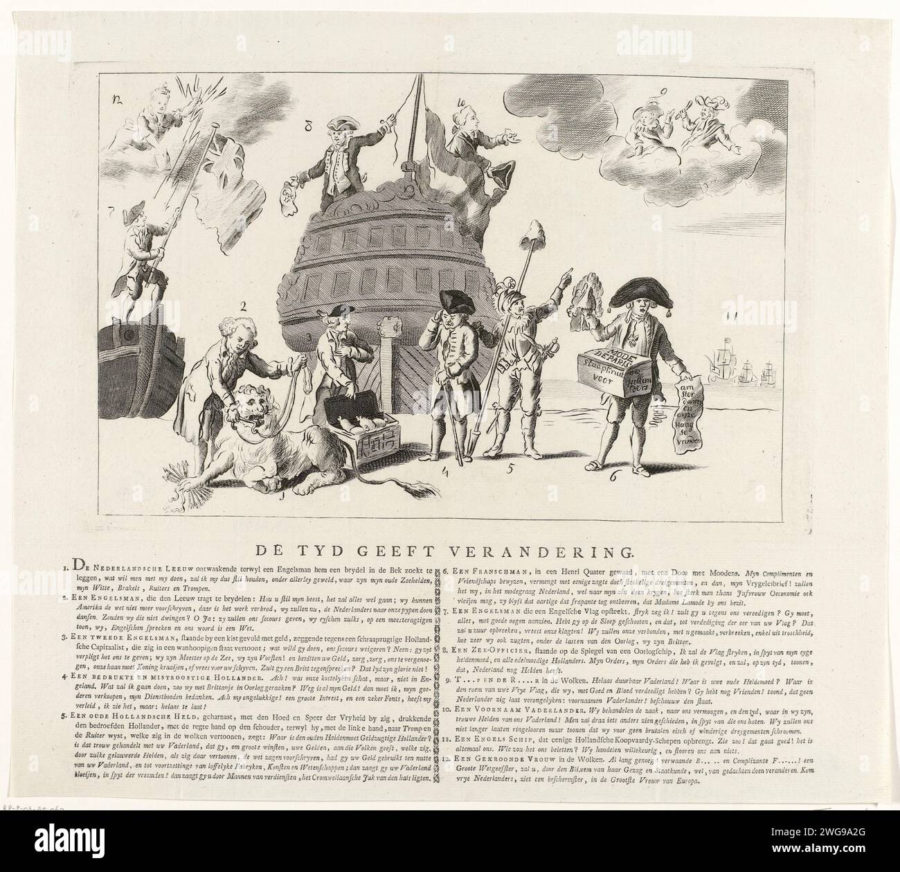 Cartoon über den Krieg zwischen der Republik und England, CA. 1780, Anonym, 1780 Print Cartoon on the war between the Republic and England and the illustrous history of Holland, CA. 1780. Der niederländische Löwe wacht auf, wenn ein Engländer ihn Rollen will. Central ein Holländer, der um den Verlust seines Kapitals trauert. Außerdem weist ein Batavier in Harness auf Tromp und de Ruyter in den Wolken. Auf dem Magazin unter der Platte die Angabe der Abbildungen 1-12. Nordniederländische Papierätzung / Gravur politische Karikaturen und Satiren. Vierter Englisch-Niederländischer Krieg Stockfoto