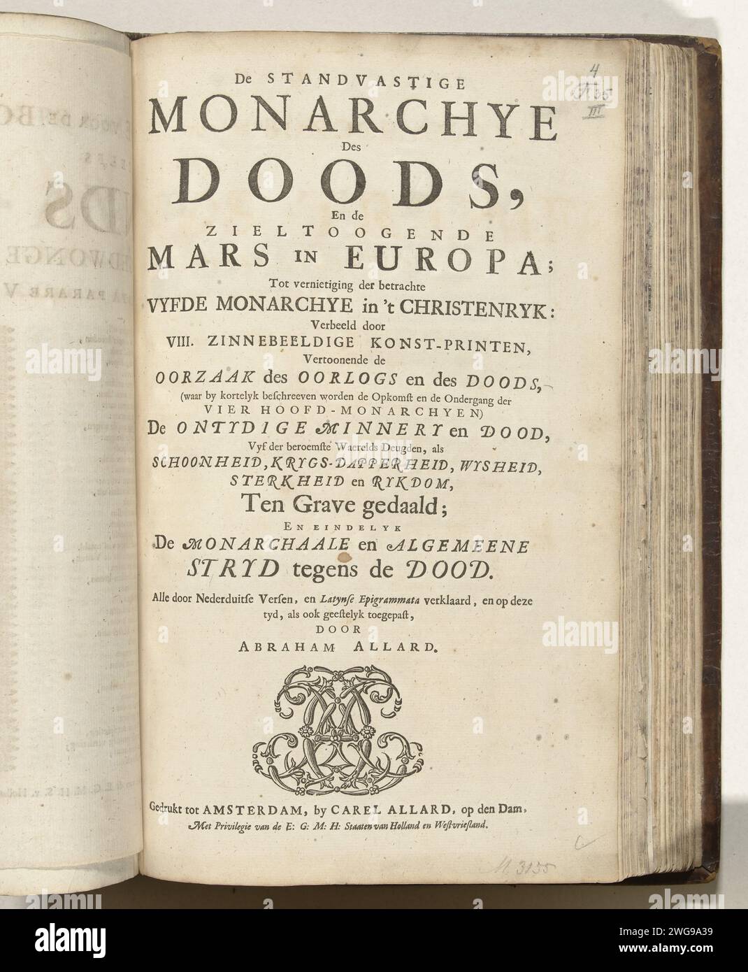 Titelseite für: Die standhafte Monarchie des Todes, ca. 1707-1708, 1707 - 1708 Titelseite für: Die standhafte Monarchie des Todes, ca. 1707–1708, eine Serie von 8 alten Platten mit Versen, die als Cartoons über die Franzosen im Kontext des Spanischen Erbfolgekrieges verwendet werden. Teil der unter dem Sammeltitel 't Lust-Hof of Momus veröffentlichten Druckarbeit mit der gebündelten Zeichentrickserie während der Jahre 1701-1713 des Spanischen Erbfolgekrieges. Amsterdam Papier Buchdruck Stockfoto