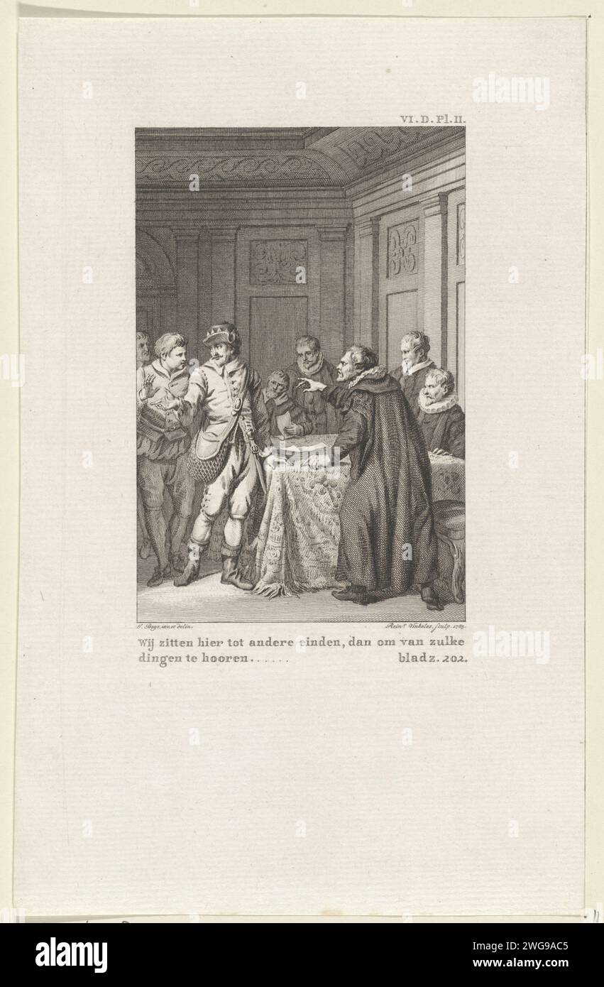 Alfons IV., König von Portugal, von einem Ratgeber, Reinier Vinkeles (I), nach dem Kauf von 1785 Druck Alfons IV., König von Portugal, in Jägerkostüm und mit Jägertasche um die Schulter, von einem Ratgeber angeklagt. Oben rechts: VI.D.PL.II. Unten rechts: Seite 202. Amsterdamer Papierätzer/Gravurjäger. Spieltasche Stockfoto