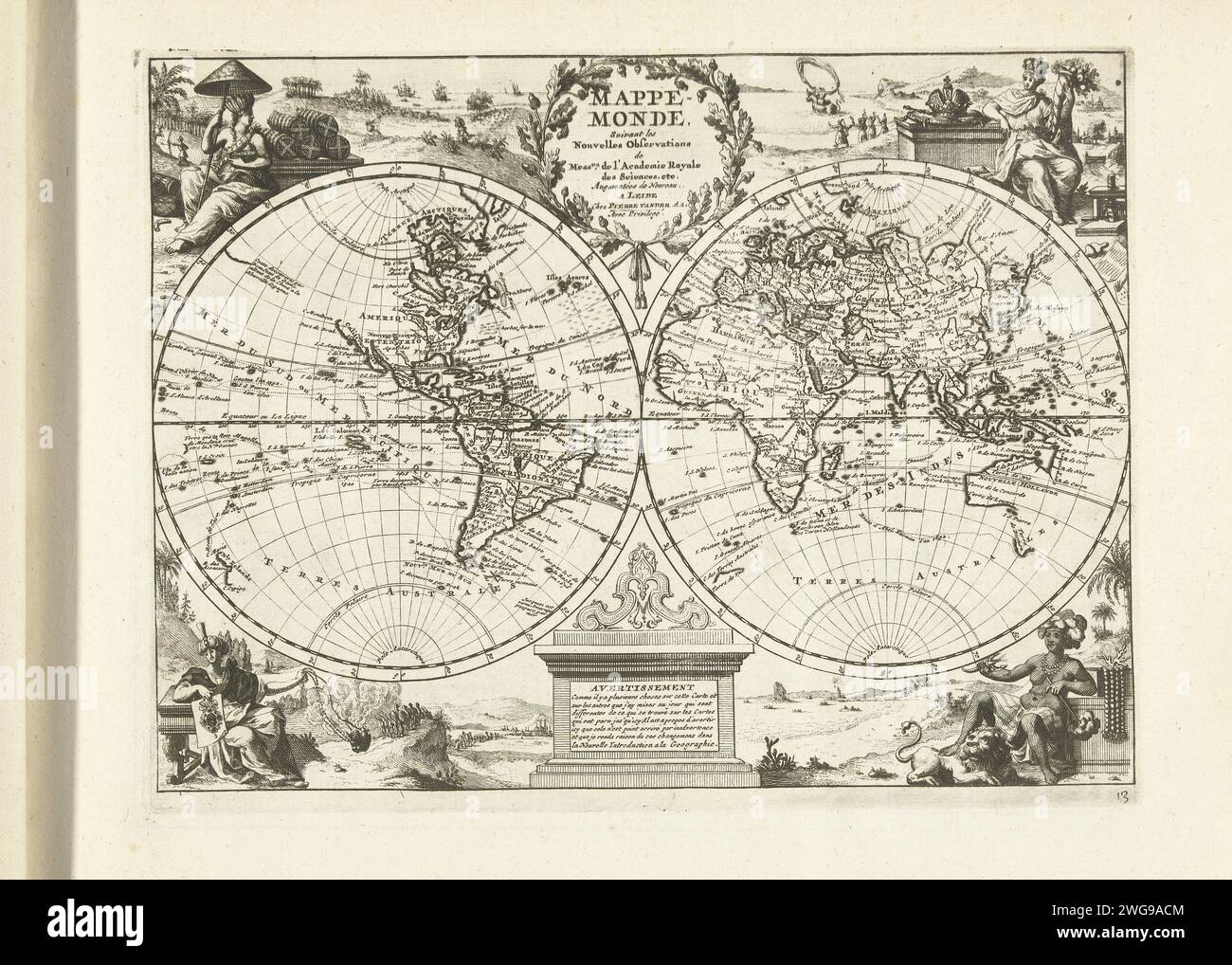 Weltkarte, 1726, 1726 drucken Weltkarte mit den beiden Halbrunden und in den Ecken die Personifikationen von vier Kontinenten. Platte Nr. 13 in Teil I des Druckwerks: Les Forces de l’Europe, Asie, Afrique et Amerique ... Comme aussi Les Cartes des Côtes de France et d’Espagne aus dem Jahr 1726, dieser erste Teil mit 238 handnummerierten Schildern bekannter starker Städte und Festungen im Kontext des Spanischen Erbfolgekrieges 1701–1713. Zum größten Teil wurden diese Aufzeichnungen in die anonymen französischen Aufzeichnungen bekannter starker Städte und Kräfte kopiert: In Les Forces de l’Europe und in: Le Theater Stockfoto