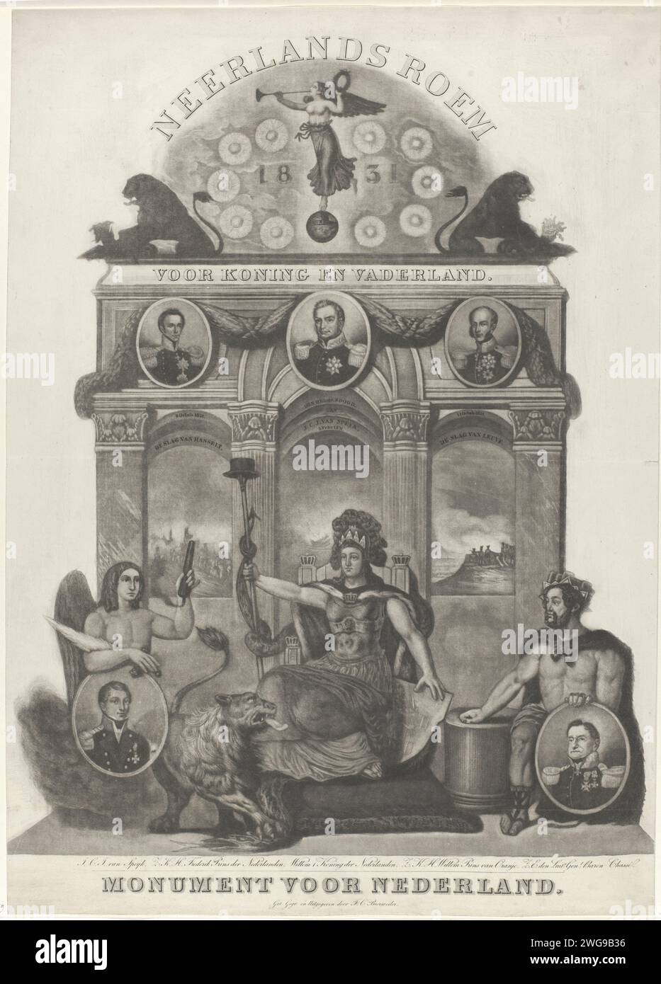 Denkmal für die Niederlande. Neerlands Ruhm für König und Vaterland. 1831, 1832 gedrucktes allegorisches Denkmal zu Ehren der glorreichen Siege der niederländischen Armee im Jahr 1831. Die niederländische Jungfrau wird von dem niederländischen Löwen begleitet, der die Schlange der belgischen Rebellie hinter sich gelassen hat. Links ein Engel mit dem Porträt von Van Speijk, rechts Herkules mit dem Porträt von General Chassé. Auf dem Denkmal in den drei Togen-Darbietungen der Schlacht bei Hasselt (8. August), der Selbstopferung von Van Speijk (5. Februar) und der Schlacht von Leuven (12. August). Über Porträts von König Wilhelm I. und seinen beiden Söhnen. Stockfoto