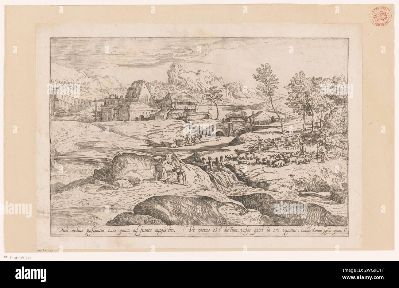 Landschaft mit Fluss und Kaskade im Vordergrund, Nicolas Pierre Loir (zugeschrieben), nach Domenico Campagnola, 1634 - 1679 Druck mit lateinischer Unterschrift. Papierätzlandschaften in der gemäßigten Zone. Hirten, Hirten, Hirten, Hirten, Hirten, Hirten, Hirten, Kuhhirte usw. Schafe. rapids Stockfoto