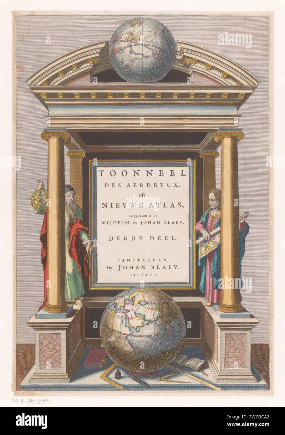 Portico traf auf Globen, anonym, in oder vor 1650 Druck Ionisches Portico mit zwei Himmel und einer natürlichen Kugel. Auf der linken Seite befindet sich Claudius Ptolemäus mit einem Arillarium und einem Kompass, auf der rechten Seite Marinus von Reifen mit einer Karte. Amsterdamer Papierstich monumentale Tür, Veranda, 'aediculum'. Globus. Sternkugel Stockfoto