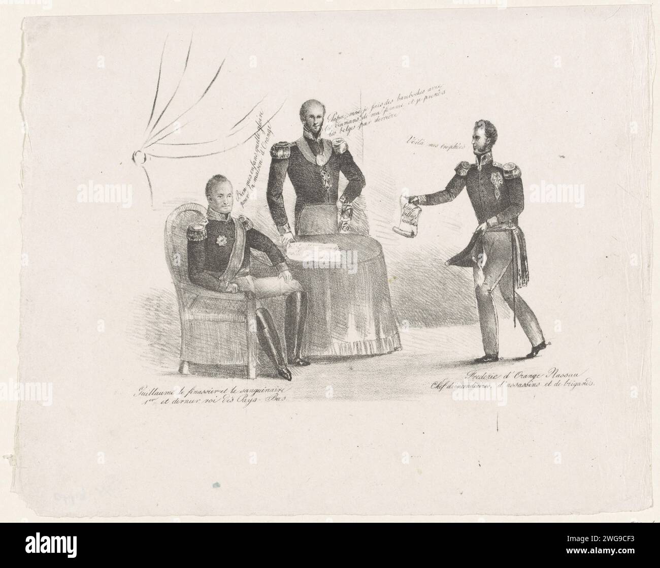 König Wilhelm I. zufrieden mit den Gräueltaten der Armee unter Prinz Friedrich, 1830, Anonym, 1830–1831 Cartoon, in dem König Wilhelm I. mit der Leistung seiner Söhne zufrieden ist. Prinz Frederik zeigt die Trophäe seines Vaters, ein Dokument mit „Viol pillage Incendie“, die Gräueltaten der niederländischen Armee in Brüssel unter Prinz Frederik, September 1830. Hinter einem Tisch steht der Kronprinz, der sagt, sie hätten Spaß auf Kosten seiner Frau. Belgisches Papier Stockfoto