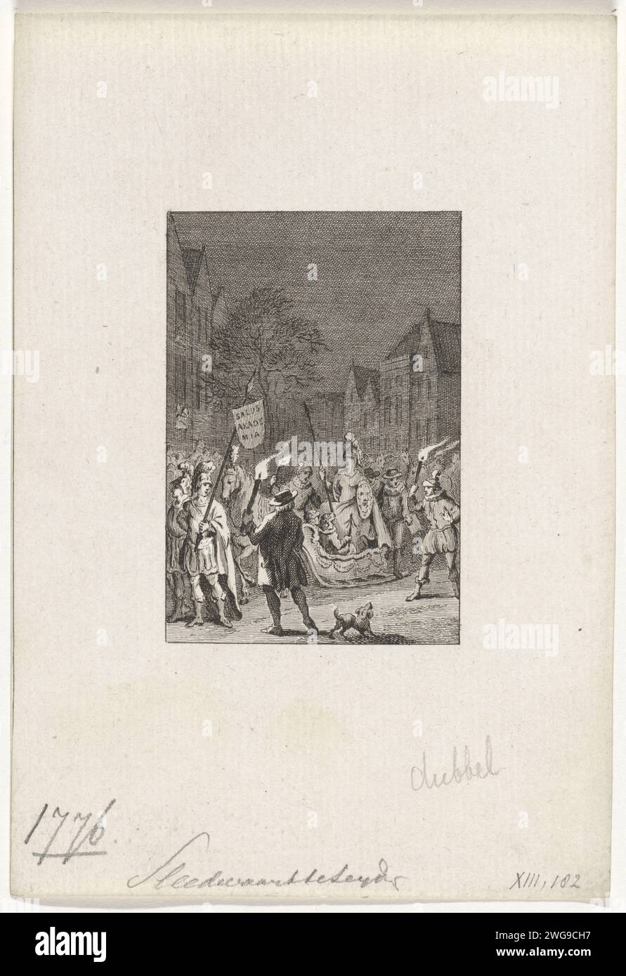 Sleedevaart von der Gesellschaft Leiden Veniam Pro Laude, 1776, Reinier Vinkeles (I), nach Jacobus Buys, 1783–1795 drucken The Sleedevaart am 24. Januar 1776 organisiert von der Gesellschaft Leiden Veniam Pro Laude anlässlich der Feier des Zweiten Jahrhunderts der Leiden Relief (3. Oktober 1574) und die Gründung der Universität Leiden (8. Februar 1575). Amsterdamer Papierätzung zur Erinnerung an die Gründung einer Universität. Schlitten, Schlitten (Wintersport) Leiden Stockfoto