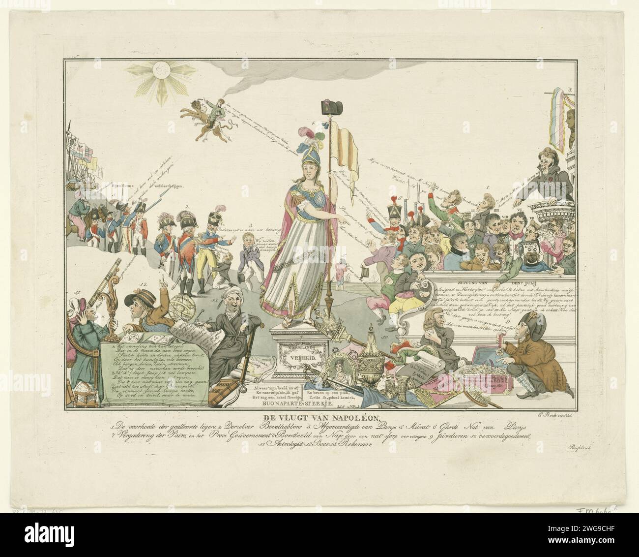 Flug Van Napoleon, 1815, 1815 - 1820 Print Cartoon über Napoleons Flug nach der französischen Niederlage in der Schlacht von Waterloo am 18. Juni 1815. Zentral die niederländische Jungfrau mit dem Stich Napoleons auf der Lanze der Freiheit. Auf der linken Seite fährt Napoleon auf den Teufel und Tod auf den Mond. Links vorne sieht ein Astrologe dieses Spektakel mit einem Fernglas an, neben ihm ein Bauer und ein Buchhalter, der die Kosten für Napoleons hundert Tage berechnet. Vor dem rechten Zeug von Napoleon ging ein jüdischer Käufer oder Gutachter auf der Burg von Laeken. Direkt hinter dem Chaos im französischen parlament, Stockfoto