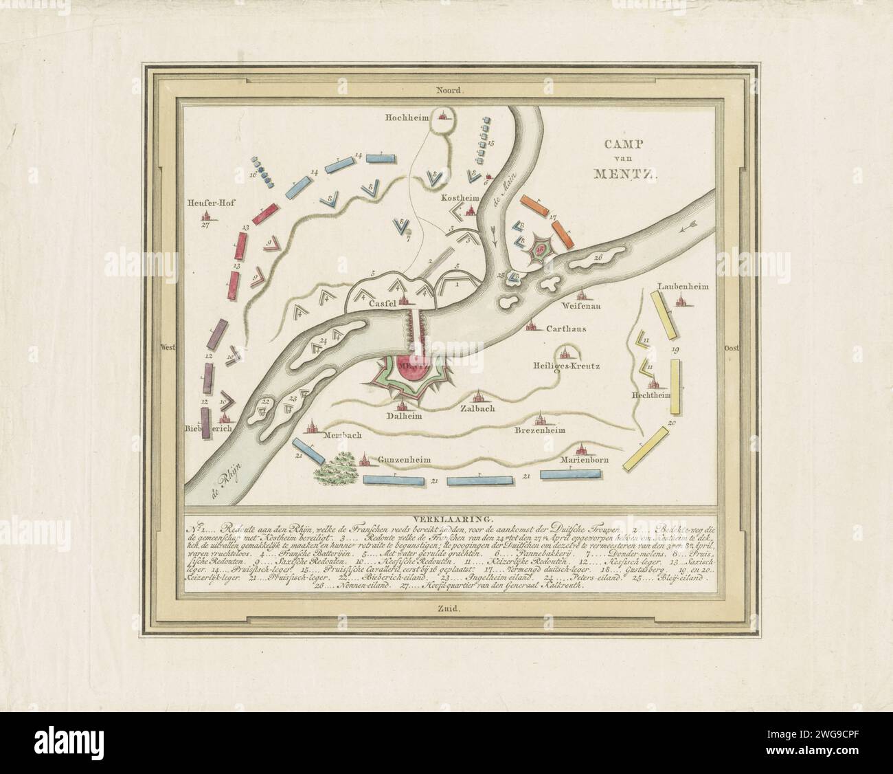 Main of Mainz durch die deutschen Armeen, 1793, Anonym, 1793 gedruckte Karte der Belagerung von Mainz, in französischer Hand, durch die kombinierten deutschen Armeen, 14. April bis 23. Juli 1793. Mit den Positionen der Armeen. In der Überschrift de Legenda 1-27. Nord-Niederlande Papierätzung Belagerung, Position Krieg. Stadtpläne Mainz Stockfoto