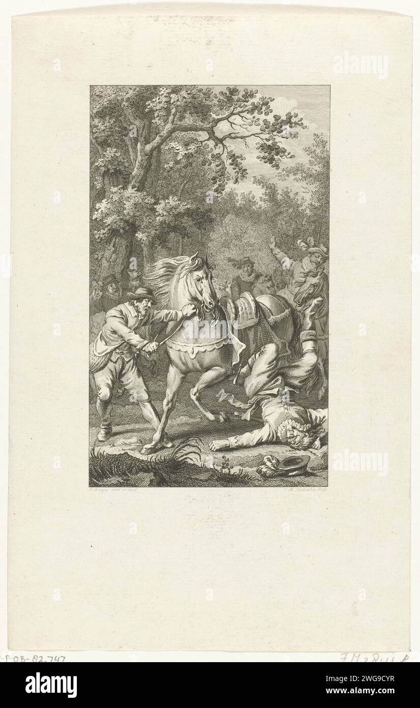 Tod von Hans Willem, Baron van Aylva, 1691, 1785 Druck Hans Willem, Baron van Aylva, fällt von seinem Pferd, 1691. Wenige Tage nach seinem Sturz starb der Generalmajor, der „der enorme General“ genannt wurde. Nordholländische Papierätzung stirbt an den Folgen eines Sturzes Stockfoto