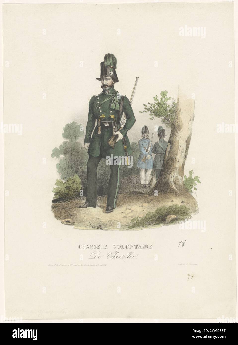 Belgischer Freiwilliger Jager, 1831, Pierre Simonau, 1831 Druck Ein belgischer Jäger, ein Chasseur du Marquis de Chasteler, ein Bataillon von Freiwilligen, gegründet 1830. Teil einer Gruppe von Aufführungen belgischer Uniformen. Druckerei: Belgiendrucker: Brüsseler Papier (Militär) Uniformen. Kleidung, Kostüm Belgien Stockfoto