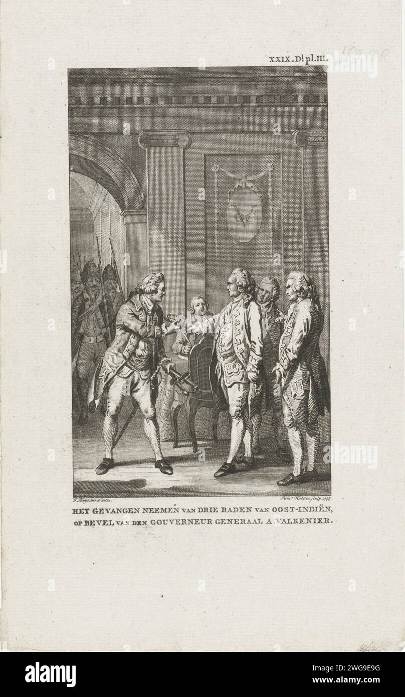 Sammlung von drei Räten der VOC, 1740, 1793 drucken die Gefangennahme von drei Mitgliedern des Rates von Indie in Batavia Gustaaf Willem van Imhoff, Isaac van Schinne und Elias Haese auf Befehl des Generalgouverneurs Adriaan Valkenier, Dezember 1740. Ebenfalls rechts oben markiert: XXIX. Dl. pl. III Nord-Niederlande Papierätzung / Gravur Verhaftung (des Kriminellen) Batavia Stockfoto