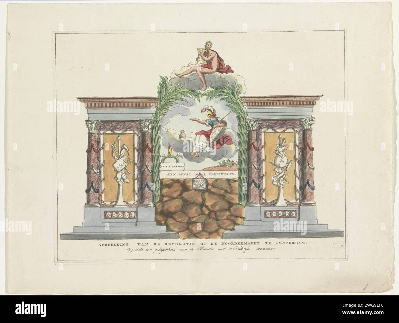 Kunst und Wissenschaften, Dekoration auf dem Noordermarkt, 1795, Anonym, nach Jurriaan Andriessen, 1795 Print Arts and Sciences, allegorische Dekoration auf dem Noordermarkt in Amsterdam bei der Alliantie Party am 19. Juni 1795 gegründet. Minerva sitzt in den Wolken mit Schießschale (Gleichheit) über einem Kranz und Feuer. Er spielt apollo auf der Winde oben. Teil einer Serie von zehn Aufzeichnungen. Niederlande Papierätzfest zu Veranstaltungen von nationaler Bedeutung (+ festliche Dekoration  festliche Aktivitäten). Besonderheiten, allegorische Aspekte von Minerva; Minerva als Patronin. Gleichheit, Eigenkapital, Fairn Stockfoto