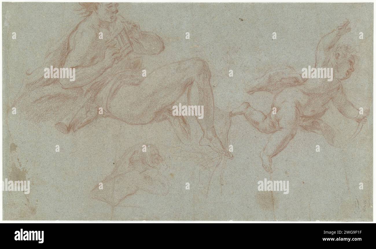 Studie über einen Pfeifenden, Van Opzij, Francesco Trevisani, 1685 - 1695 Zeichenpapier. Kreidepanpipes. Eine Person spielt Blasinstrument Stockfoto