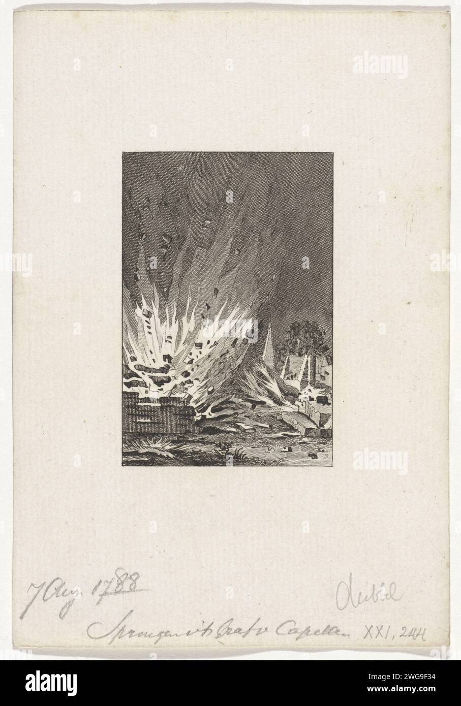 Sprengung des Friedhofs der Familie Van der Capellen, 1788, Reinier Vinkeles (I), nachdem Jacobus 1783–1795 Drucke gekauft hatte, die mit Schießpulver aus dem Familiengrab der Familie Van der Capellen im Gorsselse Veld bei Zutphen, 7. August 1788 in die Luft gesprengt wurden. Amsterdamer Papiergravur Grabbau, monumentales Grab. Bombenentrüstung Gorssel Stockfoto