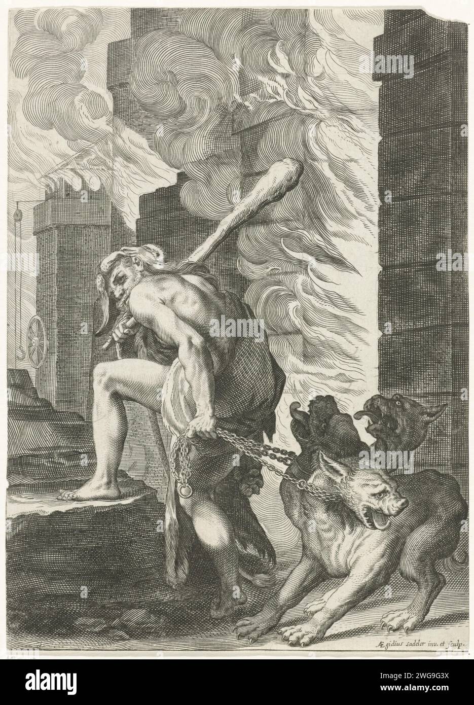 Hercules en Cerberus, Giles Sadeler (2), 1580–1629 Druck Hercules in der Unterwelt. Er führt Cerberus an einer Kette an. Unbekannter Papierstich (12) Cerberus gefangen und von Herkules weggetragen Stockfoto