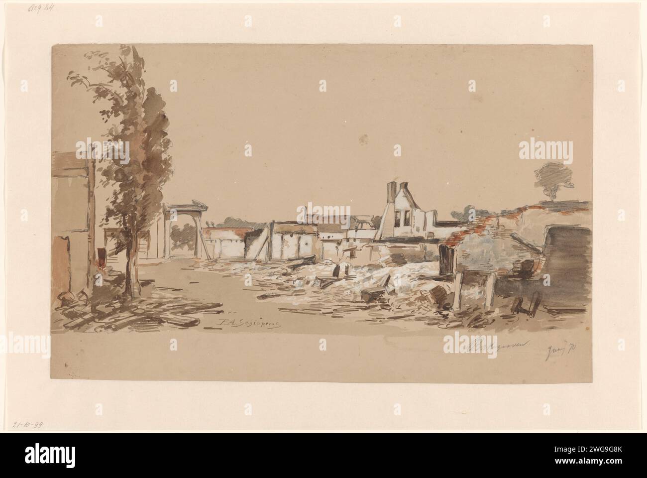 Ruinen van Bodegraven nach dem Brand vom 31. Mai 1870, Piet Schipperus, 1850–1894 Zeichenpapier. Bleistiftbürste in Flammen. Ruine eines Gebäudes  Architektur. Historische Ereignisse und Situationen Bodegraven Stockfoto