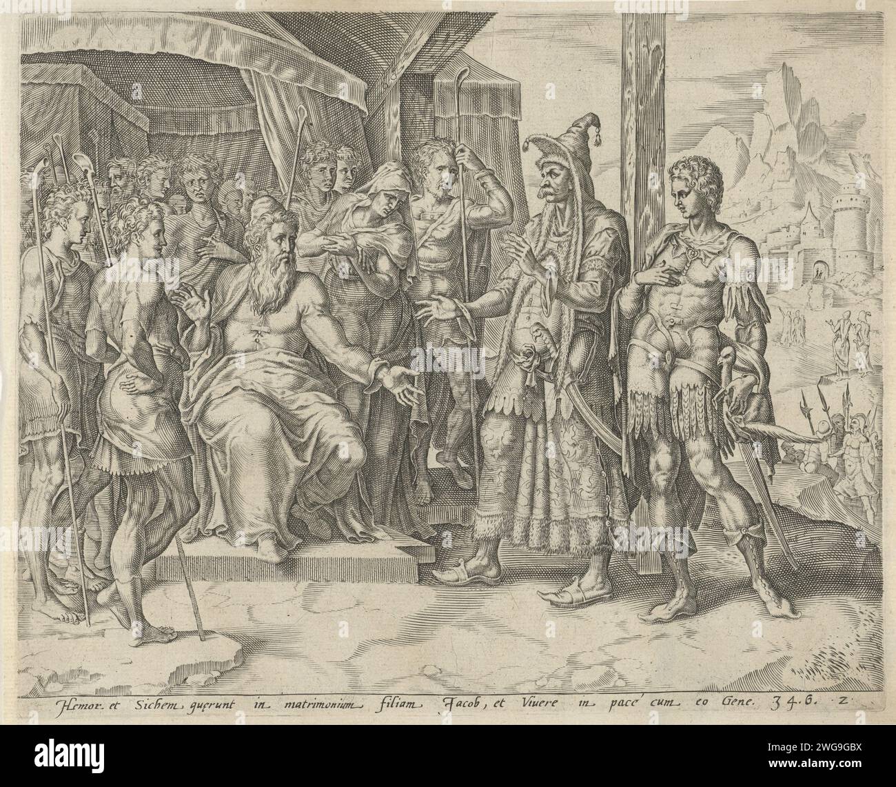 Chamor und SiChem bitten Jakob um Dinas Hand, 1643–1646 Druck SiChem und sein Vater Chamor kommen zu Jakob und bitten ihn, seine Tochter Dina mit SiChem zu heiraten. Jakob ist in seinem Zelt, umgeben von seiner Frau und zwölf Söhnen. Jakobs Söhne setzten die Bedingung, dass SiChem und sein Volk beschnitten werden müssen, weil sie ihre Frauen nur von beschnittenen Männern heiraten wollen. Am unteren Rand ist ein lateinischer Hinweis auf den Bibeltext in Gen. 34: 6. Amsterdamer Papierstich Hamor und Sichem kommen zu Jakob, dessen Söhne gerade von den Feldern gekommen sind, um Dinah in der Ehe zu bitten; die Söhne sind sich einig über Co Stockfoto
