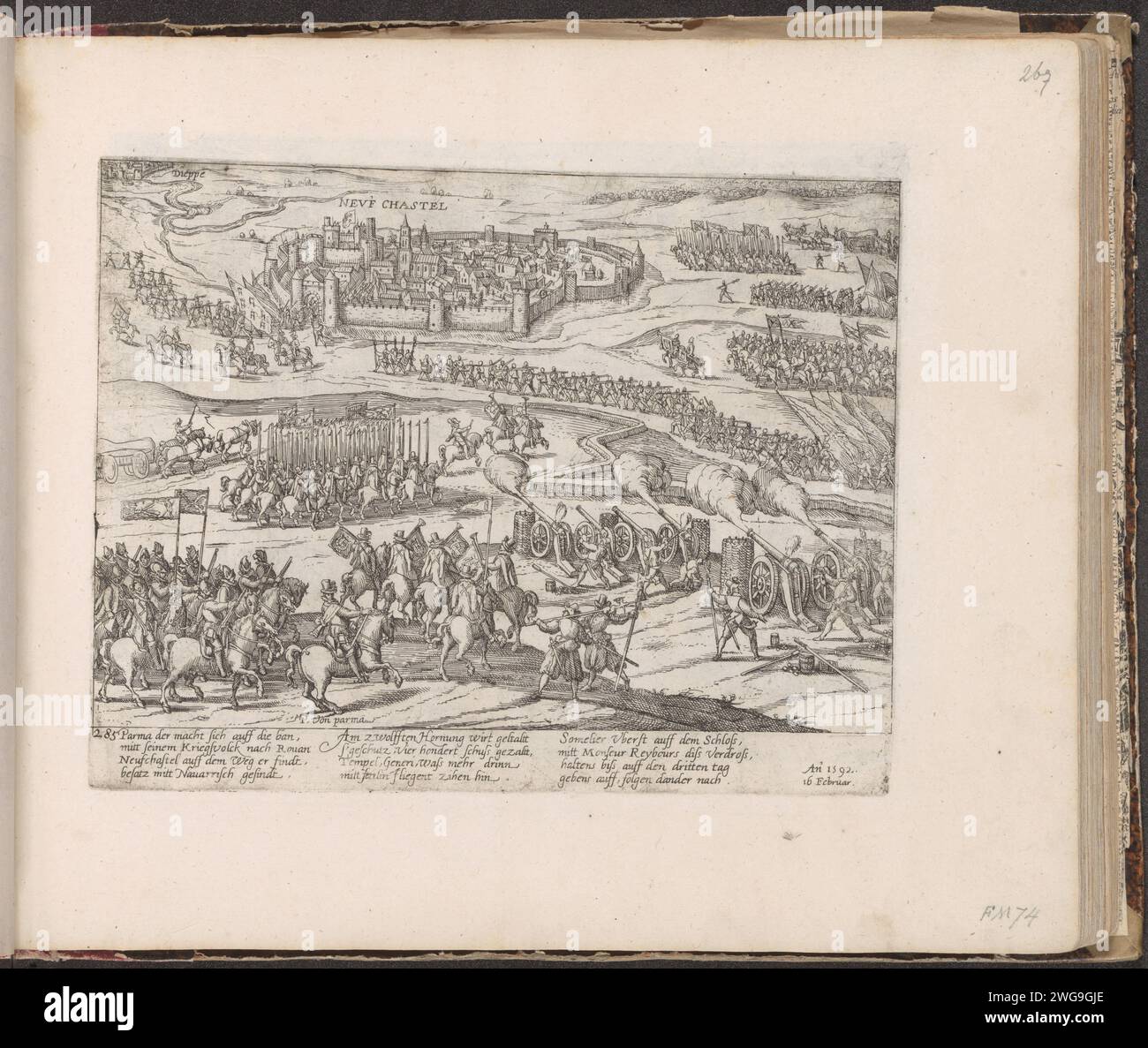 Der Herzog von Parma belagert Neufchâtel-en-Bray, 1592, 1592-1594 Druck der Herzog von Parma ist belagert Neufchâtel-en-Bray, 16. Februar 1592. Im Vordergrund stehen die Truppen von Parma die Stadt. Im Hintergrund verlassen die königlichen Truppen die Stadt in Richtung Dieppe. Mit 12 Zeilen auf Deutsch. Unten links nummeriert: 285. Der Ausdruck ist Teil eines Albums. Kölner Papierätzer Sieg, Position war Dieppe. Neufchâtel-en-Bray Stockfoto