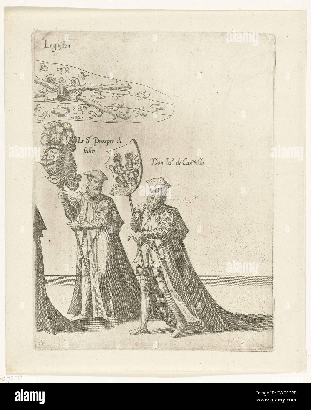 Teil der Parade, nein 1619 drucken zwei Teilnehmer der Parade mit Helm und Emblem auf Standards. Teil der Druckserie der Trauerprozession von Kaiser Karel V. am 29. Dezember 1558 in Brüssel. Südholland Papierätzung / Gravur Cortege, Trauerprozession Brüssel Stockfoto