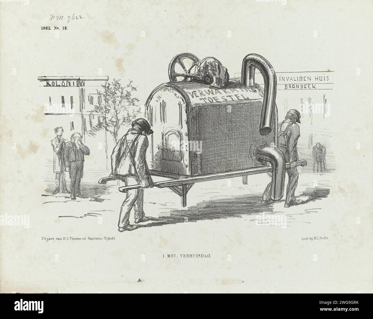 Cartoon on the failed Heizgerät of the Ministry of Colonies, 1862, 1862 Print Cartoon on the failed Heizgerät of the Ministry of Colonies, welches in das Bronbeek Invalidius House überführt wurde. Plaat trat beim Weekblad de Nederlandsche Spectator auf, nein 19./10. Mai 1862. Druckerei: Netherlandsprinter: Netherlandspublisher: Arnhempublisher: Der Haager Papierheizofen Bronbeek Stockfoto