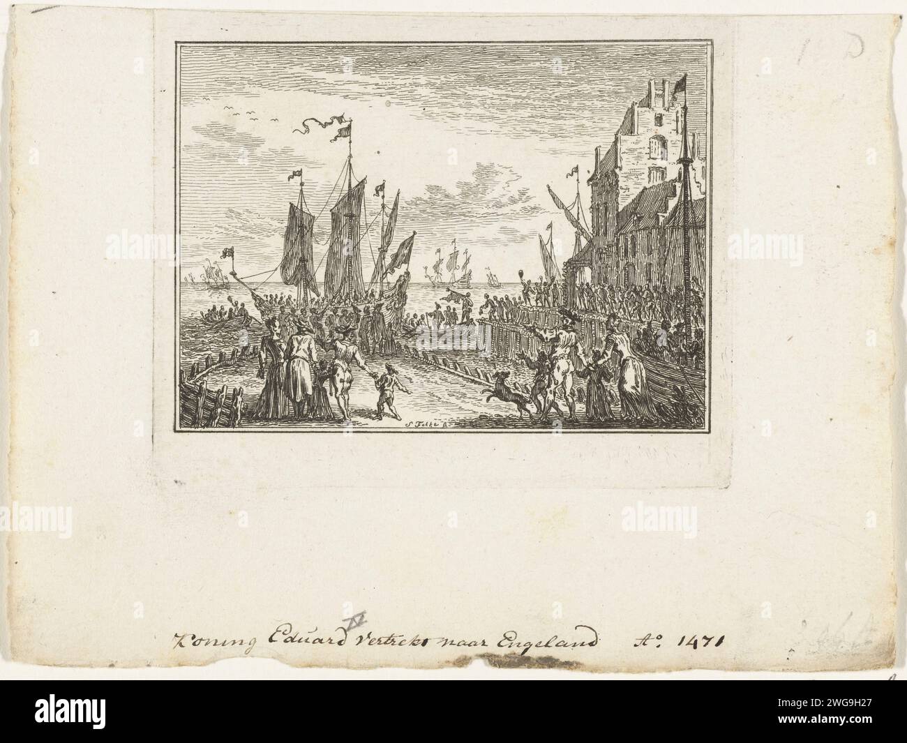 König Eduard IV. Verlässt England, 1471, 1782 – 1784 Druck König Eduard IV. Verlässt England, 1471. Das Schiff wird von einer Menge vom Kai verabschiedet. Nord-Niederlande Papierätzung Verkehr und Transport (+ Abfahrt; Wiegeanker) Niederlande Stockfoto