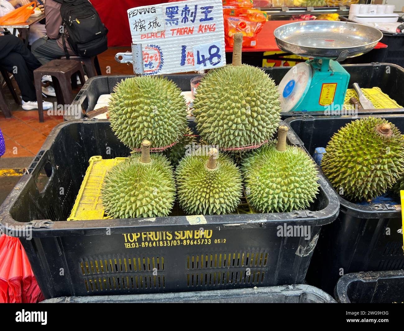 Singapur, 26. Januar 2024. Chinatown, die berühmte Touristenattraktion in Singapur. Ein Straßenmarkt mit Verkaufsstand, der Durianer verkauft. Stockfoto