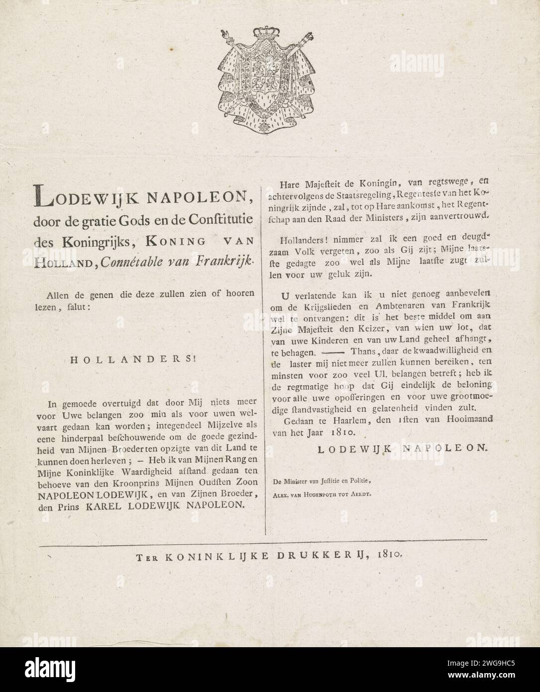 Mitteilung an das Volk der Abdankung durch Lodewijk Napoleon, 1810, Königliche Druckerei, 1810 Textblatt-Veröffentlichung an das Volk der Niederlande, in der Lodewijk Napoleon als König von Holland ankündigt, den Thron zu Gunsten seines Sohnes Napoleon Lodewijk, 1. Juli 1810 aufzugeben. Text in zwei Spalten, oben auf der königlichen Waffe. Niederlande Papier Buchdruck Haarlem Stockfoto