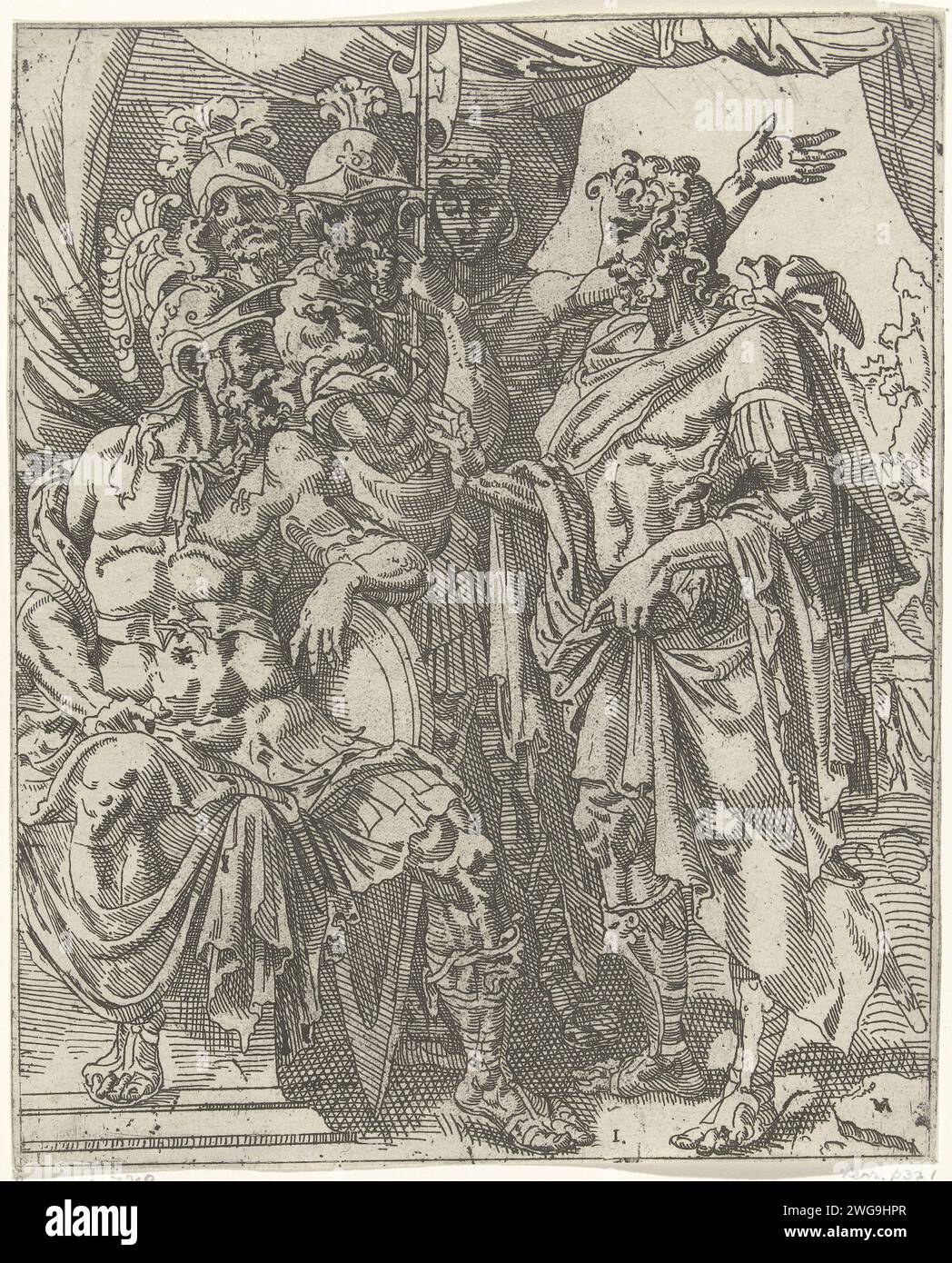 Achior erzählt Holofernes von den Israeliten Dirck Volckertsz. Coornhert (zugeschrieben), nach Maarten van Heemskerck, ca. 1547 - ca. 1559 Druck Achior, der Anführer der Ammoniten, sagt Holofernes, der Oberbefehlshaber der assyrischen Armee über das Volk der Israeliten. Er warnt ihn, dass Gott die Israeliten unterstützt. Der Druck ist Teil einer achtteiligen Serie, die die Geschichte von Judit und Holofernes erzählt. Haarlem Papier ätzt Achior eine Adresse Stockfoto