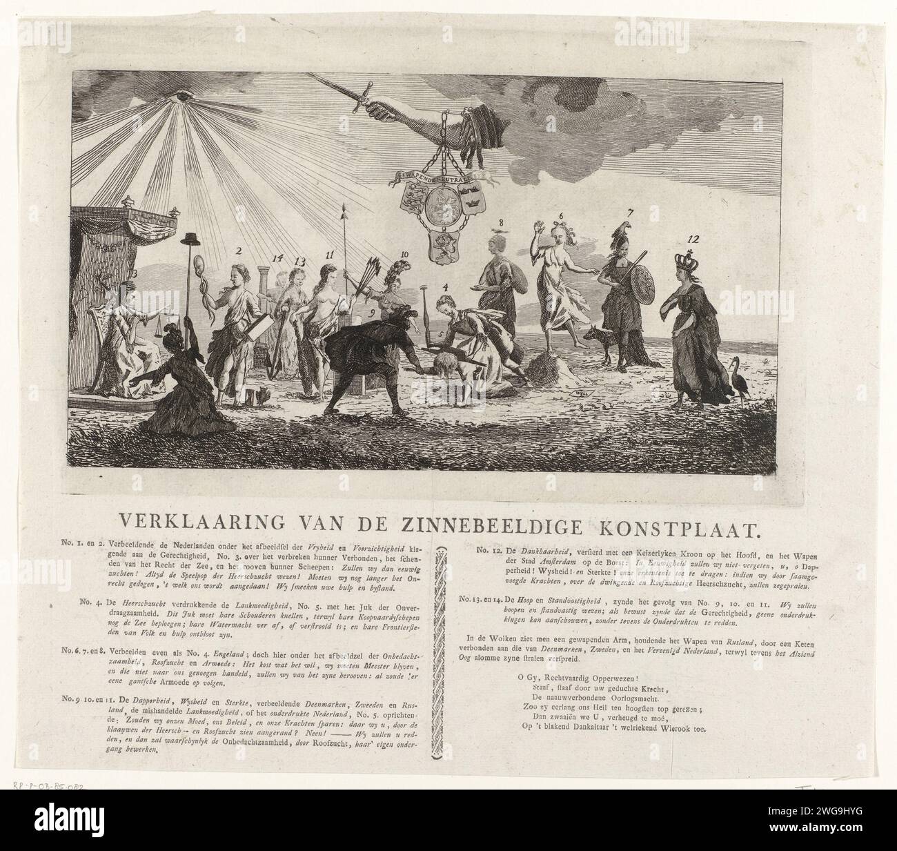 Allegorie der bewaffneten Neutralität, 1780, anonym, 1780 Druck allegorische Darstellung des Bündnisses der bewaffneten Neutralität, ca. 1780. Die Niederlande beschweren sich als Freiheit und Vorsicht in der Justiz über Raubüberfälle auf ihre Schiffe durch England. Hiermit auch Personifizierungen anderer Tugenden. Rechts die britische Jungfrau mit Undenkbarkeit und Raubzaun und Dankbarkeit mit einer russischen Kaiserkrone. In der Luft aus den Wolken der bewaffnete Arm der bewaffneten Neutralität, zu der die Waffen Russlands, Schwedens, Dänemarks und der Republik. Auf dem Magazin unter dem Teller die Erklärung der Figuren Stockfoto