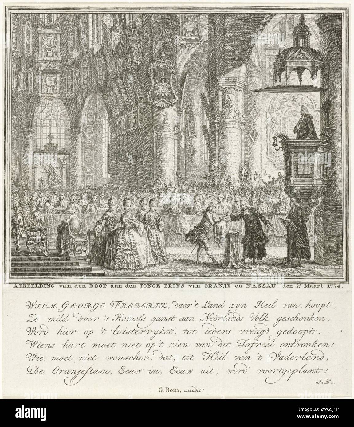 Taufe von Prinz Willem George Frederik, 1774, Simon Fokke, 1774 Print die Taufzeremonie von Prinz Willem George Frederik, 3. März 1774 in der Grote Kerk in den Haag. Prinz Willem V. tauft das Kind, links Prinzessin Wilhelmina van Pruisen mit Hofdamen, rechts Pfarrer. Unter der Ausstellung ist ein Vers von sechs Zeilen auf Niederländisch, gedruckt von einer separaten Platte. Nordholland Papierätzung / Gravur Taufe  protestantischer Dienst große Kirche Stockfoto