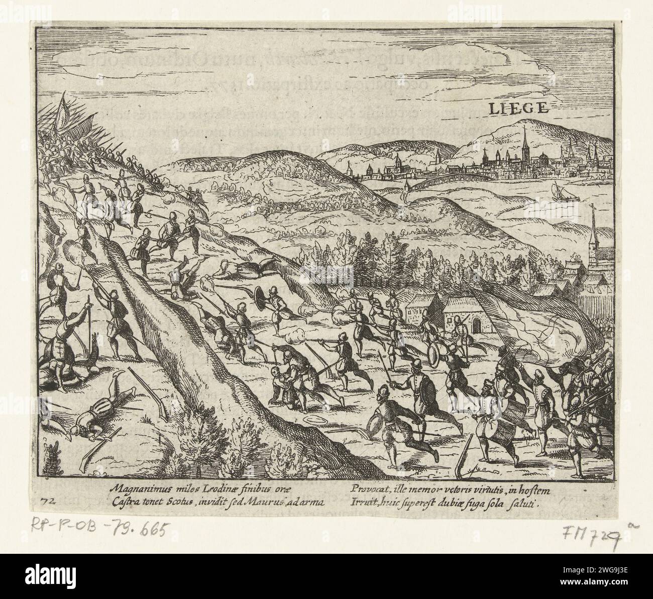 Spanier besiegten in Lüttich, 1577, 1613 – 1615 Printspanier besiegten und jagten während einer Schlacht bei Lüttich im Januar 1577. Mit 4 Zeilen in lateinischer Sprache. Nummeriert: 72. Auf der Rückseite mit lateinischem Text. Nord-Niederlande Papierätzung Schlacht Lüttich Stockfoto