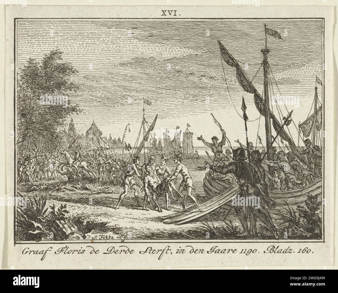 Tod von Floris III., 1190, 1722 - 1750 Druck Tod von Graf Floris III. 1190. Nordholländische Papierätzung stirbt Stockfoto