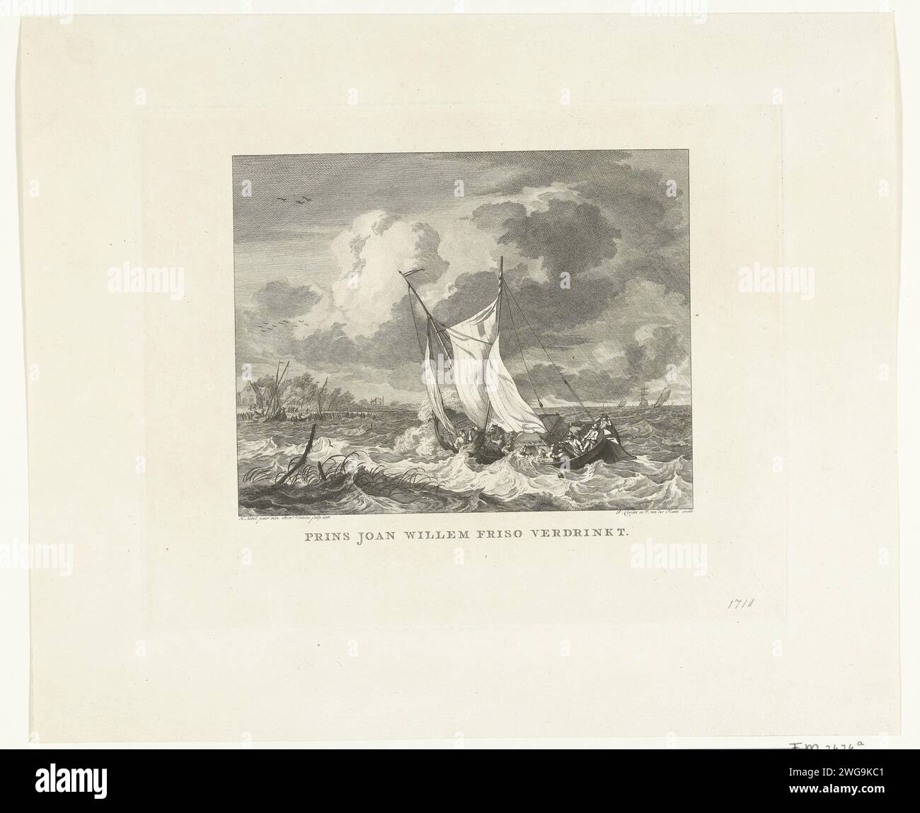 Ertränken Tod von Prinz Johan Willem Friso, 1711, 1776 Druck Johan Willem Friso, Prinz von Oranje-Nassau, ertrinkt während der Überquerung des Moerdijk, als das Boot bei schwerem Wetter am 14. Juli 1711 in Schwierigkeiten Gerät. Nord-Niederlande Papier ätzend Tod durch Ertrinken (gewaltfrei) Moerdijk Stockfoto