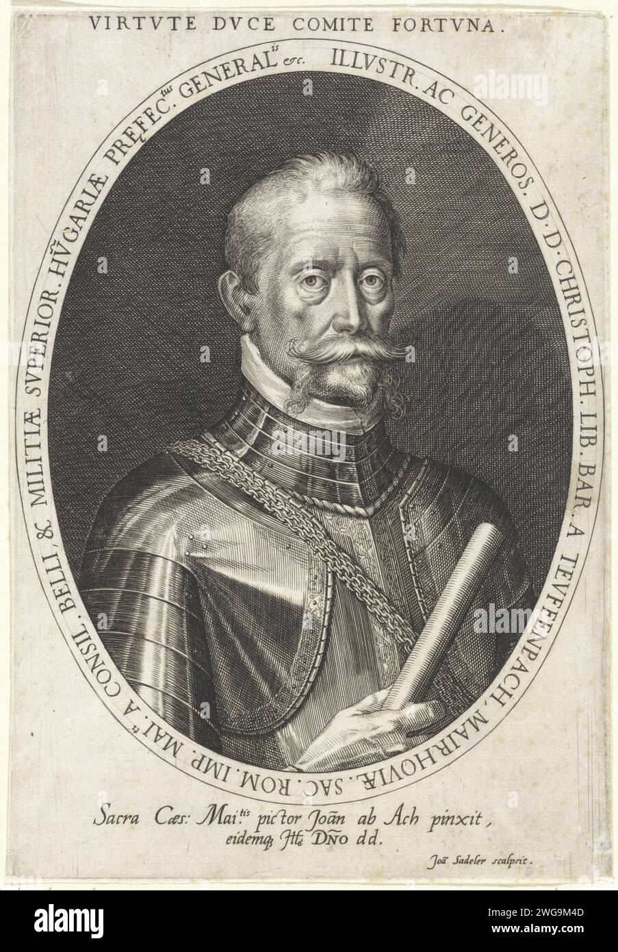 PortraT van Christopher von Tiefenbach, Johann Sadeler (I), nach Hans von Aachen, 1593–1598 Druck Christopher van Tiefenbach, Freiheit von Tiefenbach-Mayhofen und Kommandeur der kaiserlichen Armee während des Krieges gegen die Osmanen. Büste nach rechts, in Rüstung, mit dem Stab in der rechten Hand. Hochformat in Oval mit Kantenschrift. Papiergravurstab des General. Rüstung Stockfoto
