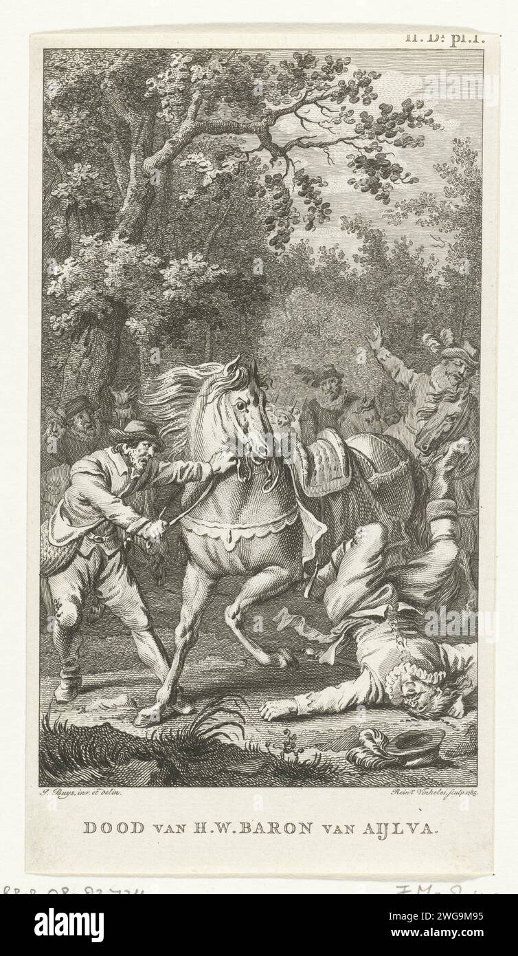 Tod von Hans Willem, Baron van Aylva, 1691, 1785 Druck Hans Willem, Baron van Aylva, fällt von seinem Pferd, 1691. Wenige Tage nach seinem Sturz starb der Generalmajor, der „der enorme General“ genannt wurde. Nordholländische Papierätzung stirbt an den Folgen eines Sturzes Stockfoto