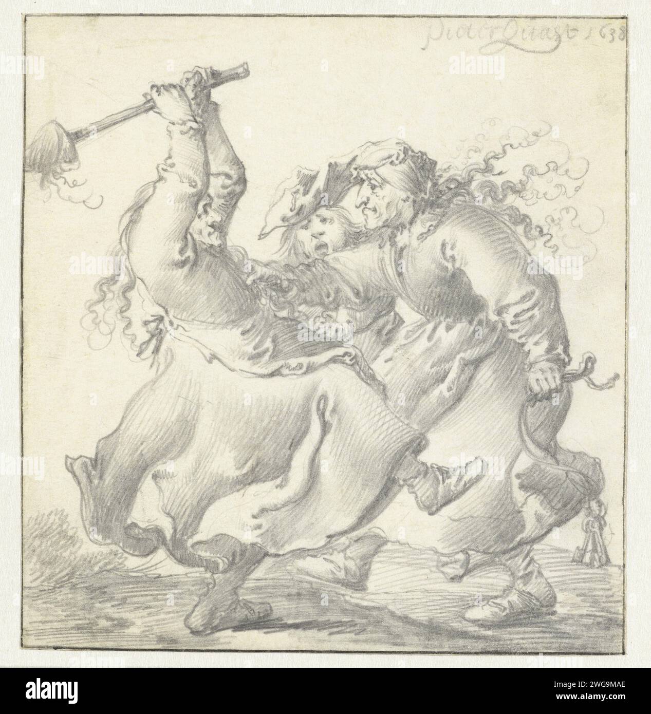 Zwei kämpfende Frauen, Pieter Jansz Quast, 1638 zeichnend Kampf zwischen zwei alten Frauen, mit einem Mann, der versucht, zwischen die beiden zu kommen. Pergament (tierisches Material). Bleistift, hässliche alte Frau, Kumpel. Kämpfen Stockfoto