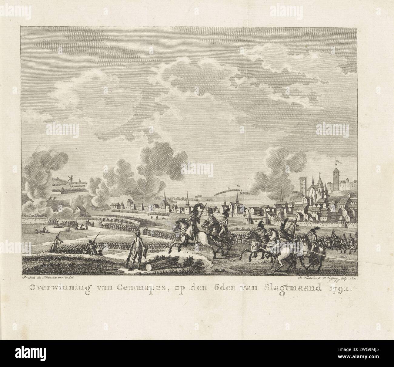Schlacht von Jemappes, 1792, Reinier Vinkeles (I), nach Jacques Francois Joseph Swebach, 1801 Print Schlacht von Jemappes im Hennegau mit einem Sieg der französischen Revolutionstruppen unter General Charles-Francois Dumouriez in der österreichischen Armee, 6. November 1792. Nordholland Papiergravur Kampf (+ Landstreitkräfte) Jemäer Stockfoto