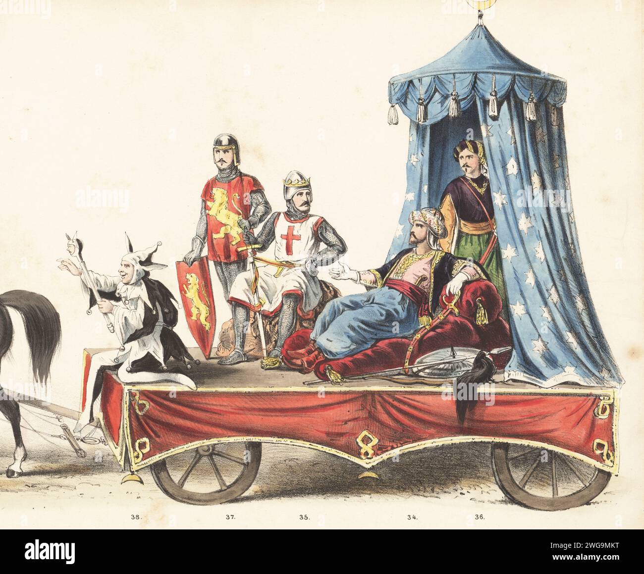 Wagen aus einem historischen Wettkampf der Kreuzzüge, 1586. Saladin, Salah ad-DIN Yusuf ibn Ayyub, Sultan des Ayyubidischen Reiches 34, König Richard I. Löwenherz 35 und sein Schildträger 37, Al-Aziz Uthman 36 und Narr 38. Malek-Naser-Yousouf-Salah-Ed-DIN (sic), Sultan van Egypt, Richard genaamd Leenwenhart, Azz-Eddin, Schildknaap, Nar. Handkolorierte Lithografie von Pieter Willem Marius Trap nach einer Illustration von Gerardus Johannes Bos in Maskerade, Leiden 1870 (Masquerade von Studenten in Leiden 1870), eine historische Nachstellung des Besuchs von Robert Lord Dudley, Baron von Denbigh, Earl of Leiceste Stockfoto