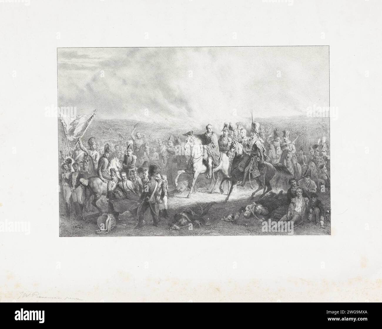 Schlacht von Waterloo, 1815, Reinier Craeyvanger (möglich), nach Jan Willem Pieneman, 1824–1850 drucken die Schlacht von Waterloo, 18. Juni 1815. Blick auf das Schlachtfeld in dem Moment, als der englische Kommandant Wellington hört, dass preußische Hilfe auf der Straße ist. Der verwundete Willem, Prinz von Orange, wird nach links in den Vordergrund gebracht. Die Kommandeure und andere Offiziere zu Pferd sind in der Mitte, im Vordergrund verletzte und tote Soldaten. Die Kämpfe toben auf dem Schlachtfeld im Hintergrund. Niederlande Papierschlacht (+ Landstreitkräfte) Waterloo Stockfoto