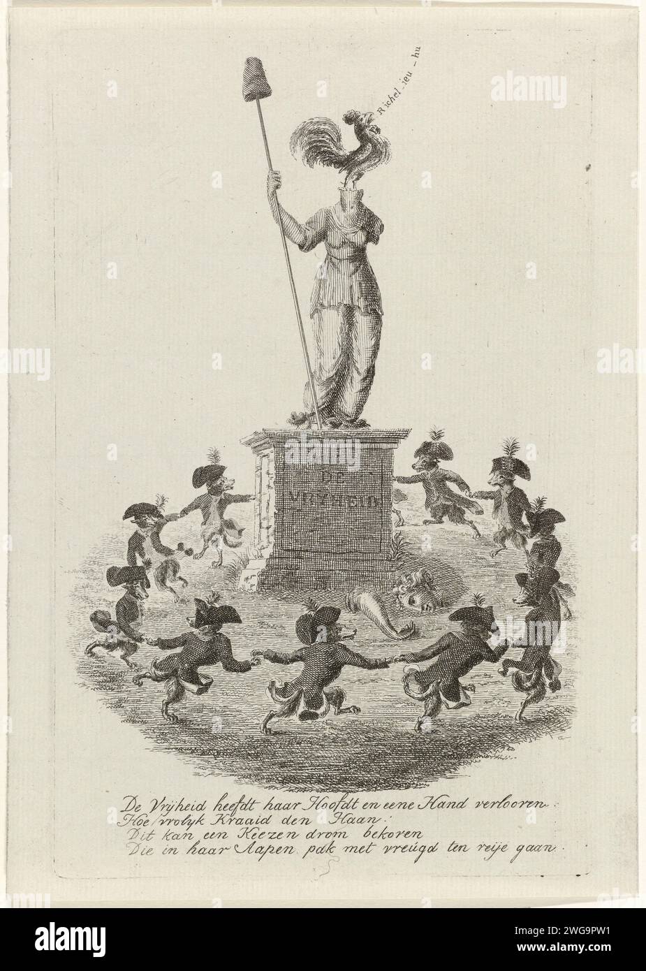 Cartoon on the Even Hope of the Patriots on French Help, 1787, Anonym, 1787 Print Cartoon on the Even Hope of Patriots nach der Wiederherstellung des Prinzen von Orange im Jahr 1787, dass Frankreich ihnen helfen würde. Eine Gruppe von Keeshonden in Uniformen eines freien Korps tanzt rund um eine Statue der Freiheit. Der Kopf des Freiheitsbildes wurde abgerissen und durch einen krähenden französischen Hahn ersetzt. Mit vierzeiliger Strophe. Nordholland Papierätzung / Gravur Stück Skulptur, Reproduktion eines Stücks Skulptur. Freiheit, Freiheit; 'LibertÃ' (Ripa) (+ abstraktes Konzept repräsentiert durch weibliche fi Stockfoto Cartoon on the Even Hope of the Patriots on French Help, 1787, Anonym, 1787 Print Cartoon on the Even Hope of Patriots nach der Wiederherstellung des Prinzen von Orange im Jahr 1787, dass Frankreich ihnen helfen würde. Eine Gruppe von Keeshonden in Uniformen eines freien Korps tanzt rund um eine Statue der Freiheit. Der Kopf des Freiheitsbildes wurde abgerissen und durch einen krähenden französischen Hahn ersetzt. Mit vierzeiliger Strophe. Nordholland Papierätzung / Gravur Stück Skulptur, Reproduktion eines Stücks Skulptur. Freiheit, Freiheit; 'LibertÃ' (Ripa) (+ abstraktes Konzept repräsentiert durch weibliche fi Stockfoto