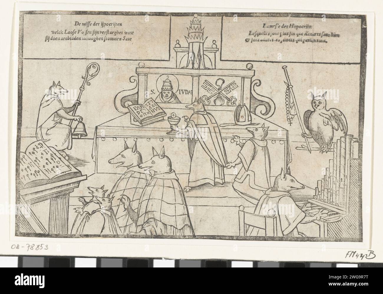 Die Masse der Heuchler, 1566, 1566 drucken die Masse der Heuchler. Die römische Messe wird von Füchsen in den Rollen des Priesters und der Altarknaben geweiht. Auf dem Altar ein Bild des Heiligen Judas und die Symbole des Papstes. Im Vordergrund links singende Füchse, rechts eine Fuchsorgel. Rechts eine Eule auf einem Stock mit einem Stab mit Rosenkranz. Über 2 Kartuschen mit je 3 Linien auf Niederländisch und Französisch. Cartoon über die Messe und die römische Kirche, CA. 1560. Papier-Buchdruck der niedrigen Länder Reformation (römisch-katholische Kirche vs. Protestantismus). Heilige Messe (Gottesdienst, besonders des römischen Katharens) Stockfoto