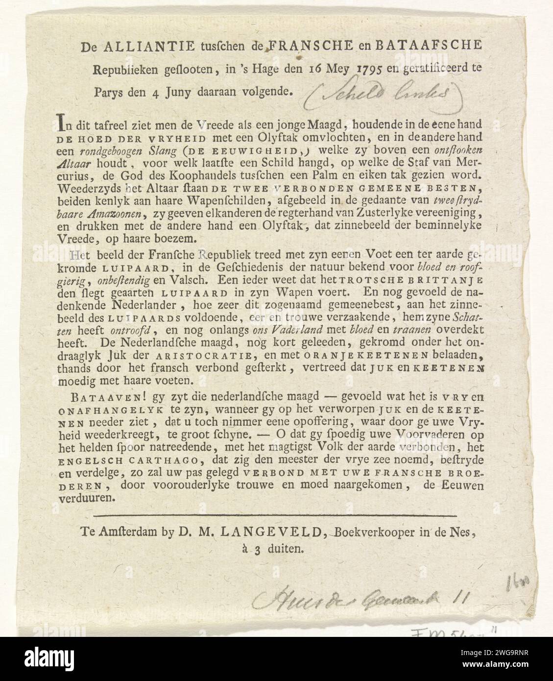 Allianz zwischen den Französischen und den Batavischen Republiken, Dekoration auf dem Rathaus am Dam-Platz, 1795 (Erklärung), Dirk Meland Langeveld, Textblatt 1795 Textblatt Textblatt mit Erläuterung der Präsentation der Allianz zwischen den Französischen und den Batavischen Republiken, allegorische Dekoration an der Fassade des Rathauses am Dam-Platz in Amsterdam. Wahrscheinlich gehört es zu einer separaten Ausgabe der einzelnen Platten der Dekorationen, die in der Stadt anlässlich der Feier der Installation der Repräsentanten und der geschlossenen Allianz zwischen Frankreich und der Batavischen Republik am 19. Juni 1795 gegründet wurden. Am Stockfoto