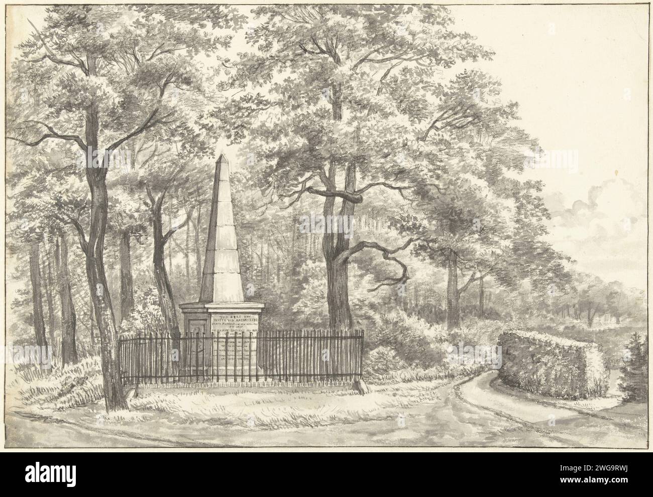 Die Gedenkstätte für Witte van Haemstede, gegründet 1817 von David Jacob van Lennep im Haus in Manpad in Heemstede, Gerrit Lamberts, 1817–1850 mit dem Denkmal für Witte van Haemstede, gegründet 1817 von David Jacob van Lennep im Haus in Manpad in Heemstede, in Erinnerung an die Kämpfe auf der Manpad in Heemstede: der Sieg und die Vertreibung der Flämischen am 26. April 1304 und eine Episode aus der Belagerung von Haarlem am 8. Juli 1573. Kreidepinsel Denkmal, Statue. Nadel, Obelisk (Markierung Grave). Historisches Personenhaus in Manpad. Hemstede Stockfoto