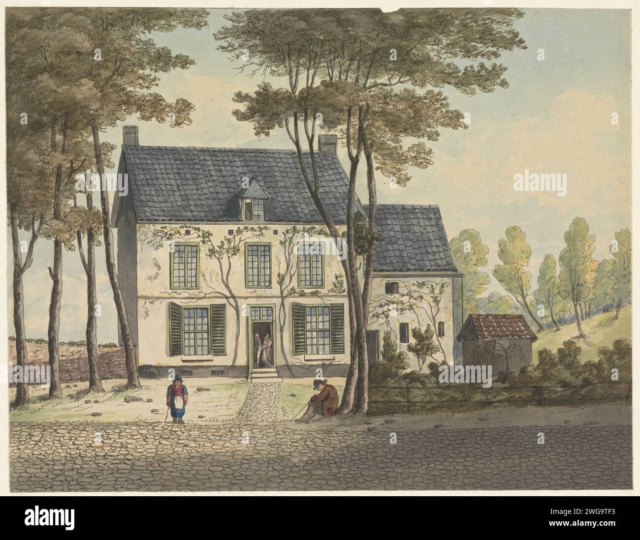 Hauptquartier Van Wellington, Anonym, 1815–1825 Druckgebäude in Waterloo, in dem der Duke of Wellington während der Schlacht blieb. Nach der Schlacht wurden Dendenskens hier ausgestellt. Die Fassade des Hauses bedeckt mit (gemalt?) Ivy. Teil einer Serie von sieben Rekorden mit Gesichtern aus etwa 1820 der Gegend, in der die Schlacht von Waterloo am 18. Juni 1815 stattfand. Low Countries Papier ätzt Waterloo Stockfoto