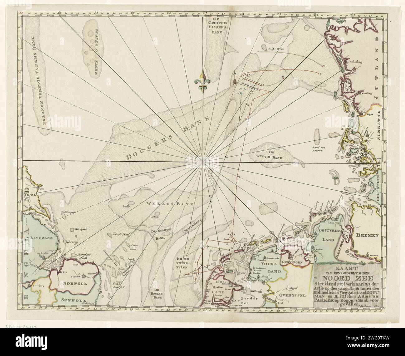 Karte der Nordsee mit der Seeschlacht bei Doggersbank, 1781, anonym, nach Johann Christoph de Roeder, 1781 - 1783 Print Seekarte der Nordsee mit der Seeschlacht bei Doggersbank am 5. August 1781 zwischen der niederländischen Flotte unter Schout-bij-Nacht Johan Zoutman und der englischen Flotte unter Vizeadmiral Hyde Parker. Nordniederländische Papierätzschlacht (+ Marinestreitkräfte). Marinekarten Nordsee Stockfoto