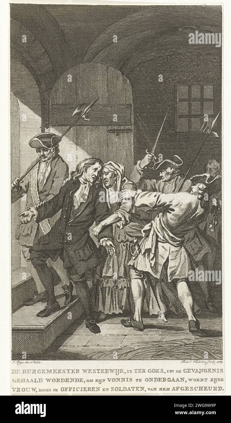 Bürgermeister Westerwijk in Goes geführt aus dem Gefängnis, 1692, 1785 Druck Bürgermeister Adolph Westerwijk in Goes in einem Konflikt mit Stadhalter Wilhelm III. Zum Tode verurteilt Die Strafe wurde jedoch in lebenslanges Leben umgewandelt. In der Show lassen Soldaten die Frau vom Bürgermeister weg, als er am 30. Dezember 1692 aus dem Gefängnis genommen wird. Nordholländische Papierätzung letzte Rede mit Verwandten (in den letzten Stunden vor der Hinrichtung). (Person, die zum Tode verurteilt ist) auf dem Weg zum Gerüst oder zum Hinrichtungsort geht Stockfoto