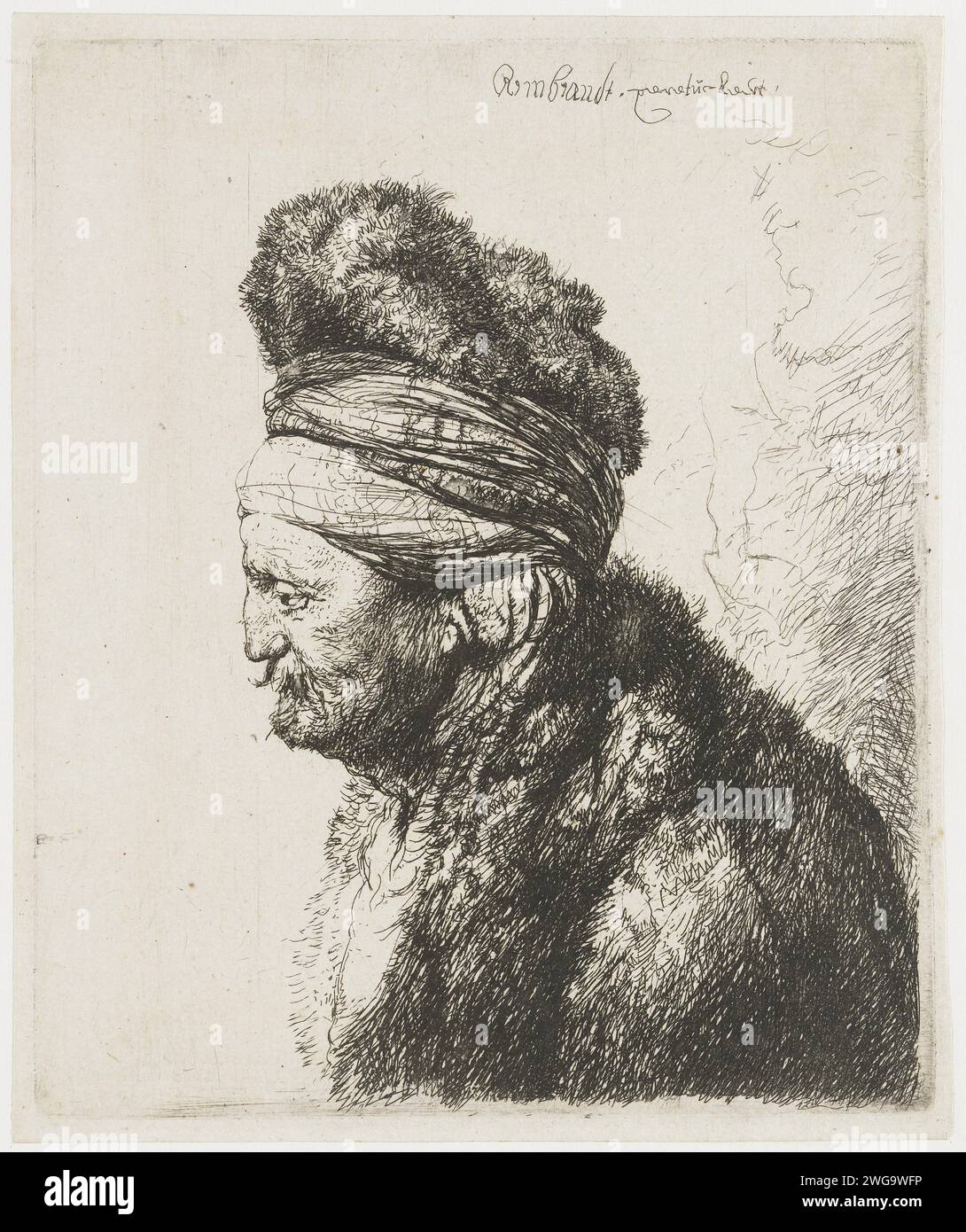 Der zweite Orientalische Kopf, Rembrandt van Rijn, nach Jan Lievens, ca. 1635 Druckpapierätzung Stockfoto