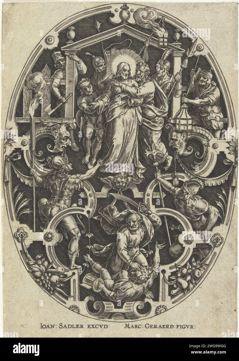 Kuss von Judas und die Verhaftung Christi, 1560–1600 Druck der Kuss von Judas und die Verhaftung Christi; am Fuße von Petrus, der das Ohr von Malchus versteckt. Schattierter Hintergrund. Aus Serie von 14 Ovalen mit Grotesken, in denen Szenen aus der Leidenschaft dargestellt werden. Niederlande (möglicherweise) Papier mit dem Kuß des Judas: Begleitet von Soldaten mit Fackeln und Laternen, küsst er Christus. Peter zieht sein Schwert und schneidet Malchus das Ohr ab Stockfoto