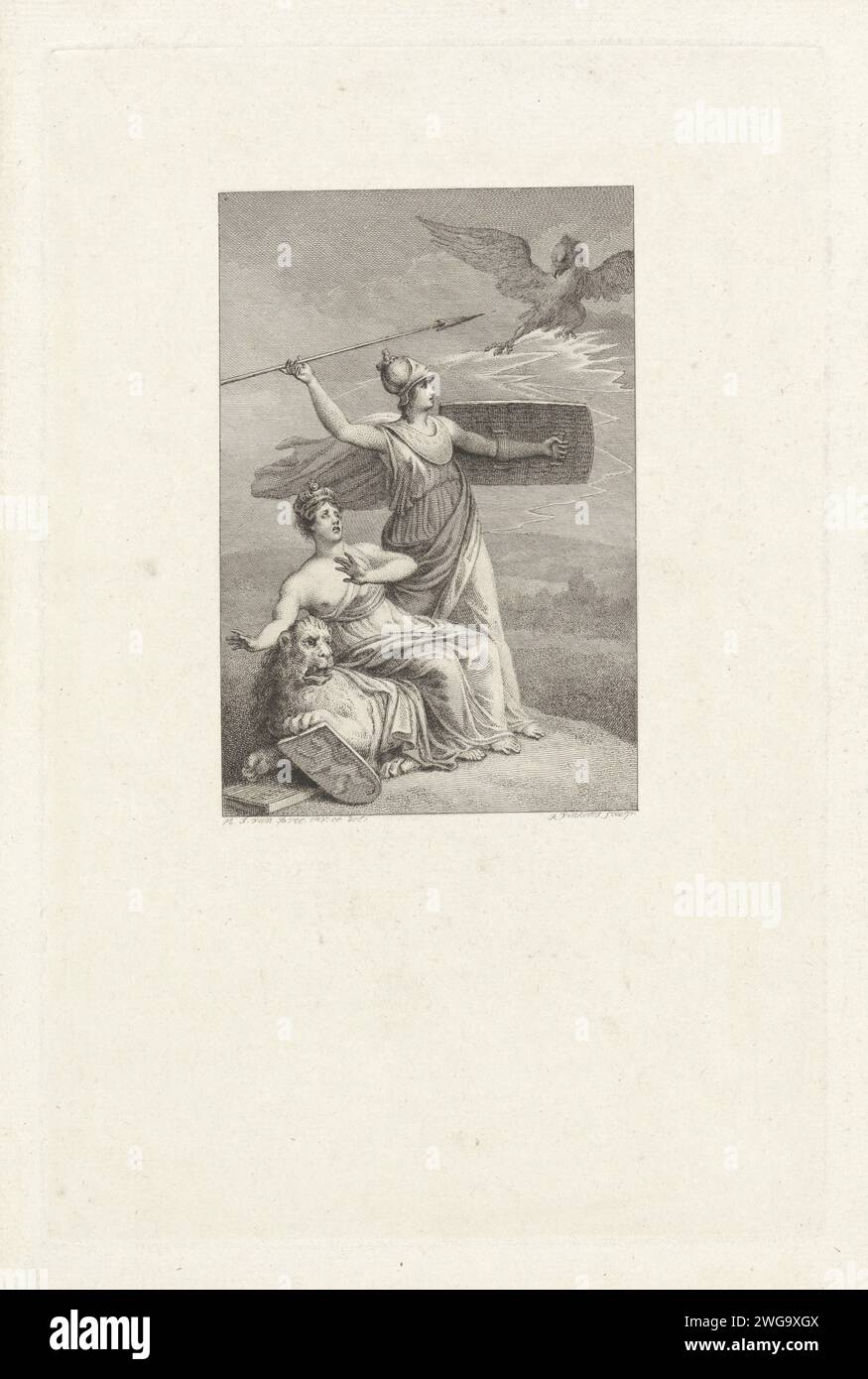 Minerva schützt die niederländische Jungfrau, 1815, Reinier Vinkeles (I), nach Mattheus Ignatius van Bree, 1815–1816 Drucke allegorische Darstellung, in der Minerva die niederländische Jungfrau vor dem französischen Adler schützt. Teil einer Gruppe von Illustrationen von Ereignissen rund um und während der Schlachten bei Quatre-Bras und Waterloo, 16-18. Juni 1815. Amsterdamer Papierätzung / Gravur Personifizierungen von Ländern, Nationen, staaten, Bezirken usw. Raubvögel: adler (+ Tiere symbolisch verwendet). (Geschichte) Minerva (Pallas, Athena) Stockfoto