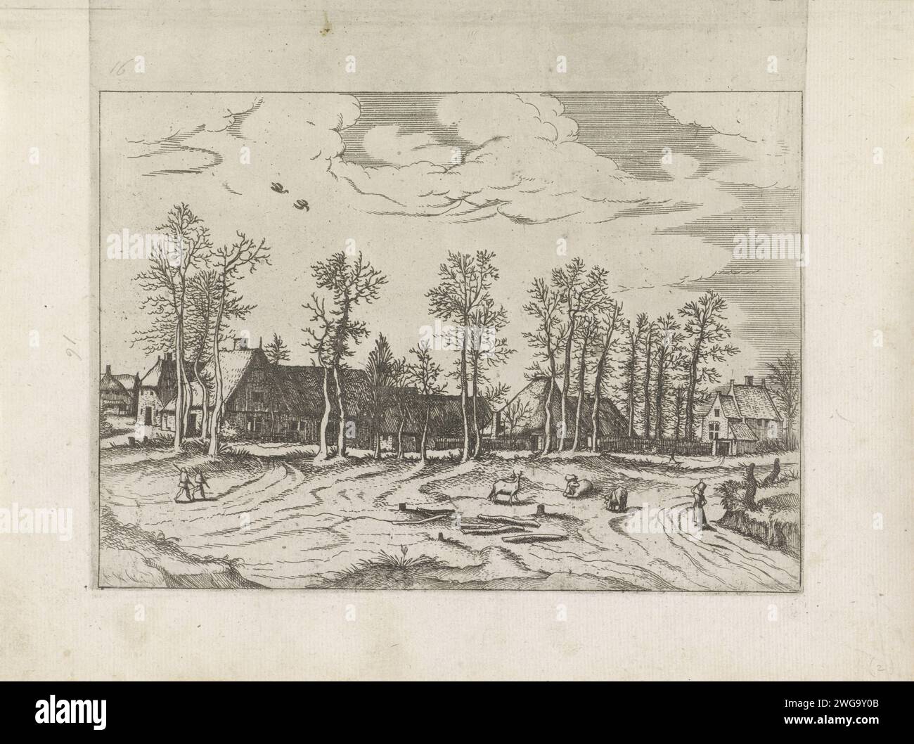 Landschaft mit Bauernhöfen, Rindern und Menschen, Johannes oder Lucas van Doetechum, nach Meister der kleinen Landschaften, 1559–1561 Print Landschaft mit Bauernhöfen. Im Vordergrund Menschen und Rinder. Antwerpener Papierätzdorf Stockfoto